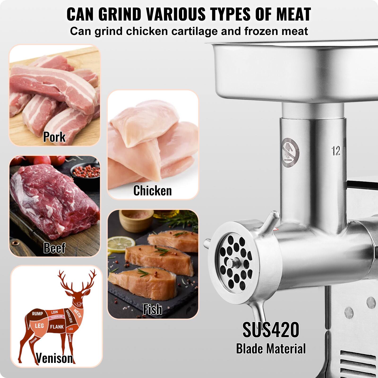 CAN GRIND VARIOUS TYPES OF MEAT
Can grind chicken cartilage and frozen meat
Pork
Chicken
Beef
Venison
Fish
SUS420 Blade Material