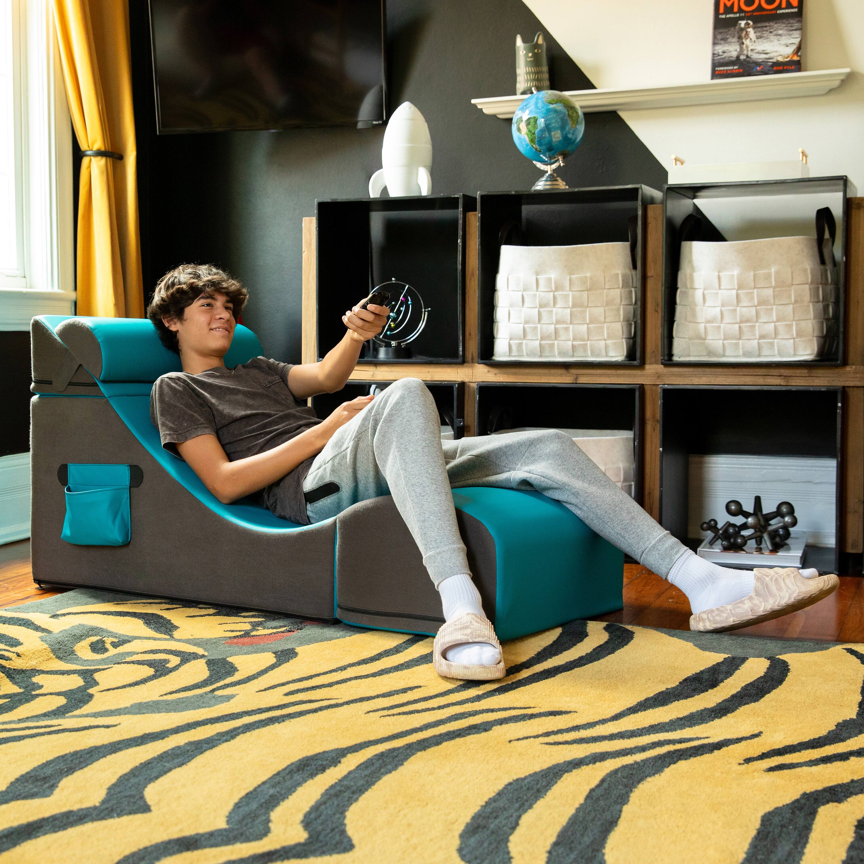 Angle. Jaxx - Jaxx Flexx V-Tex Convertible 3 in 1 Gamer Chair, Table, & Ottoman w/ Adjustable Headrest & Pocket - Vinyl Turqouise - Turqouise.