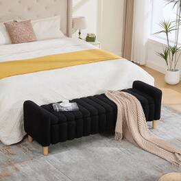 Ropilly - Upholstered Storage Bench, Teddy Fabric End of Bed Bench with Armrests and Wood Legs for Entryway - Black