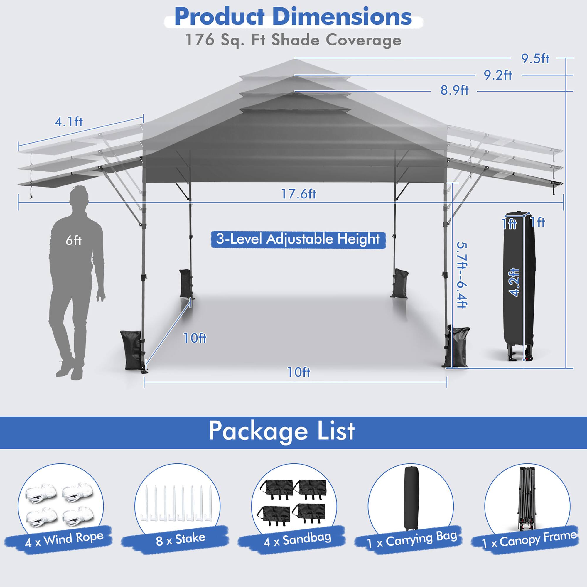 Product Dimensions  
176 Sq. Ft Shade Coverage  
9.5ft 9.2ft 8.9ft 4.1ft 17.6ft 6ft 3-Level Adjustable Height 10ft 5.7ft-6.4ft 1ft 4.2ft 1ft 10ft  

Package List  
4 x Wind Rope  
8 x Stake  
4 x Sandbag  
1 x Carrying Bag  
1 x Canopy Frame