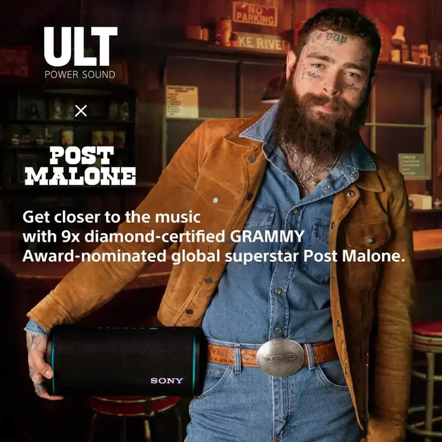 The text on the image is grouped and corrected as follows:

ULT POWER SOUND X NO PARKING  DO KE RIVER daty a Pred POST MALONE Get closer to the music with 9x diamond-certified GRAMMY Award-nominated global superstar Post Malone. SONY