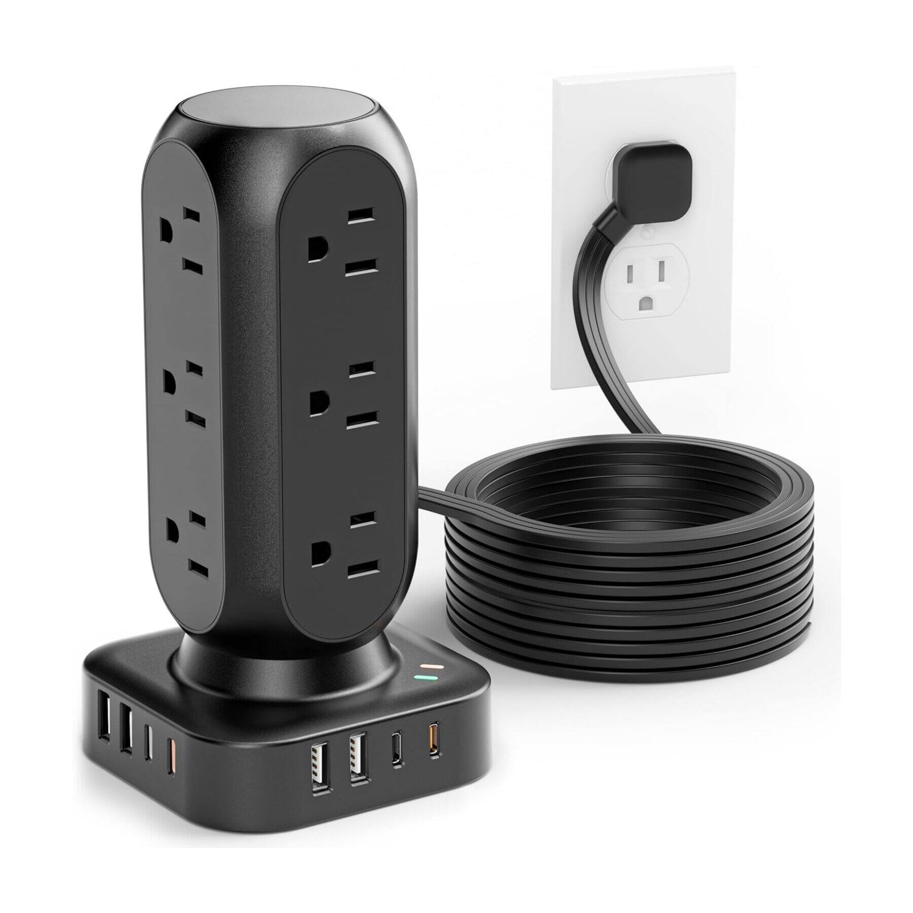 Front. Dazzed Corner - Power Strip Tower, 10FT Surge Protector Power Strip - Black.