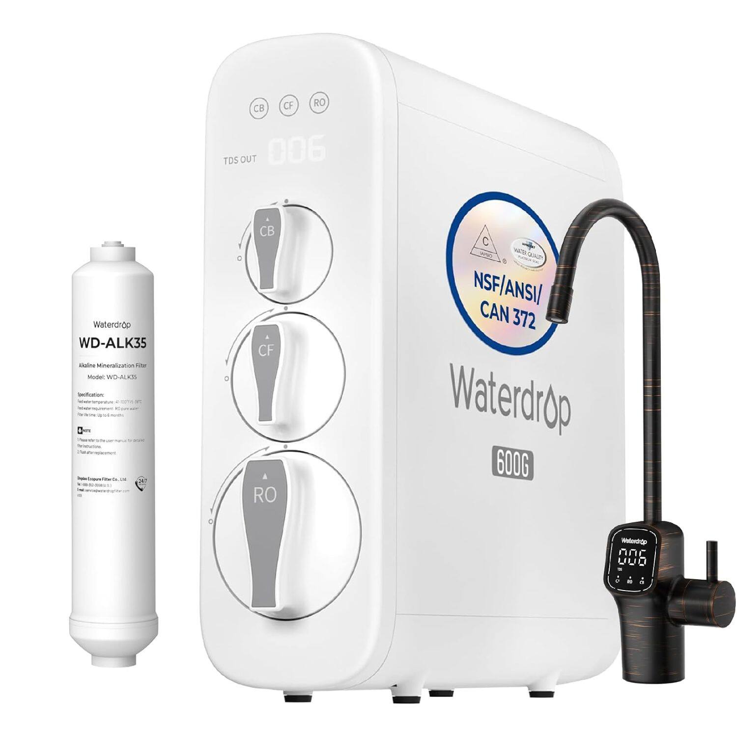 OF RO CB TDS OUT 006  
Waterdrop WD-ALK35 Alkaline Mineralization Filter  
Model: WD-ALK35  
Specification: in 0mg  
CB CF RO  
C WATER QUALITY NSF/ANSI/ CAN 372  
Waterdrop 600G  
Waterdrop 000