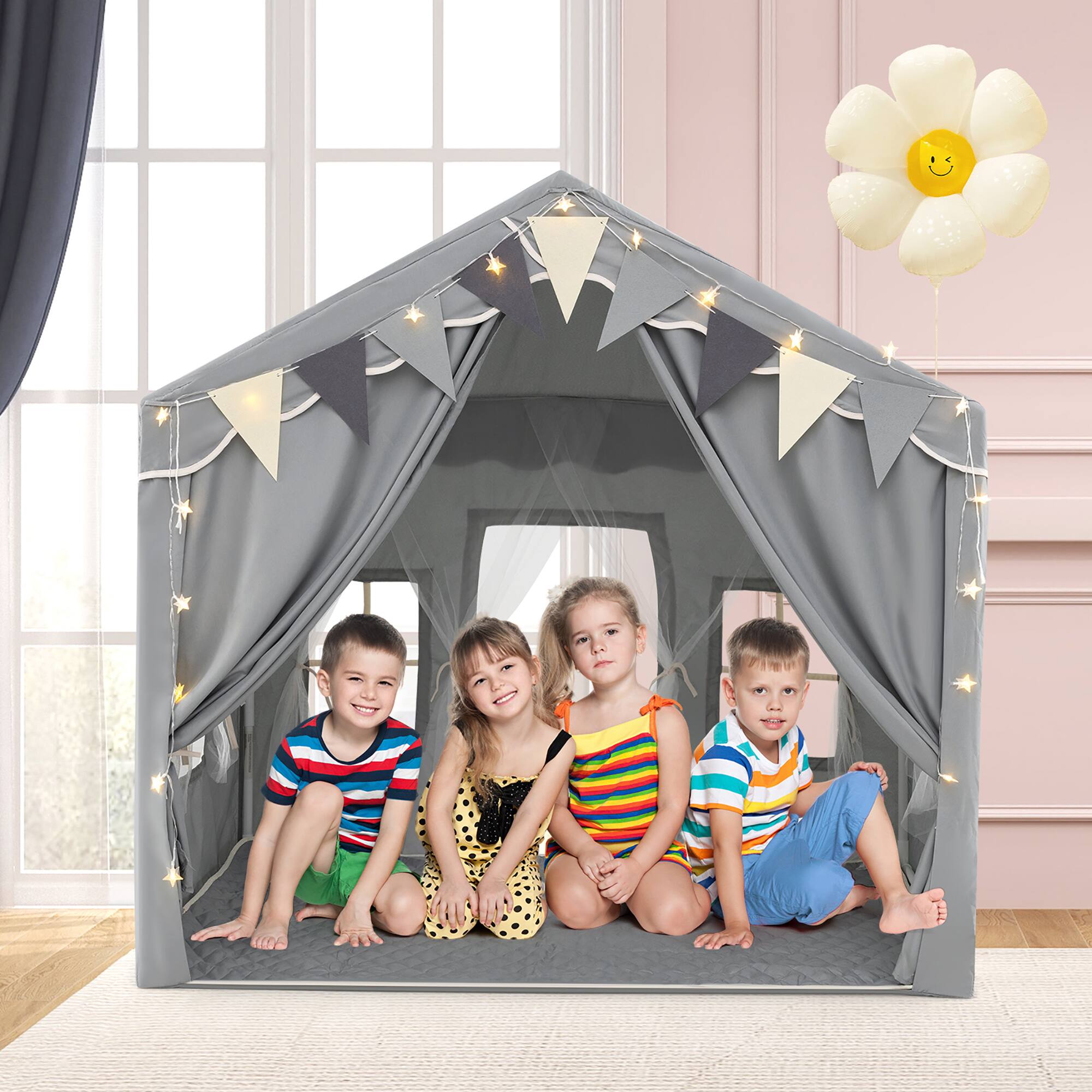 Alt View 3. Gymax - Gymax 3-4 Kids Large Play Tent House w/ 2 Opening Doors Star Lights & Plaid Pennants Gray - Gray.