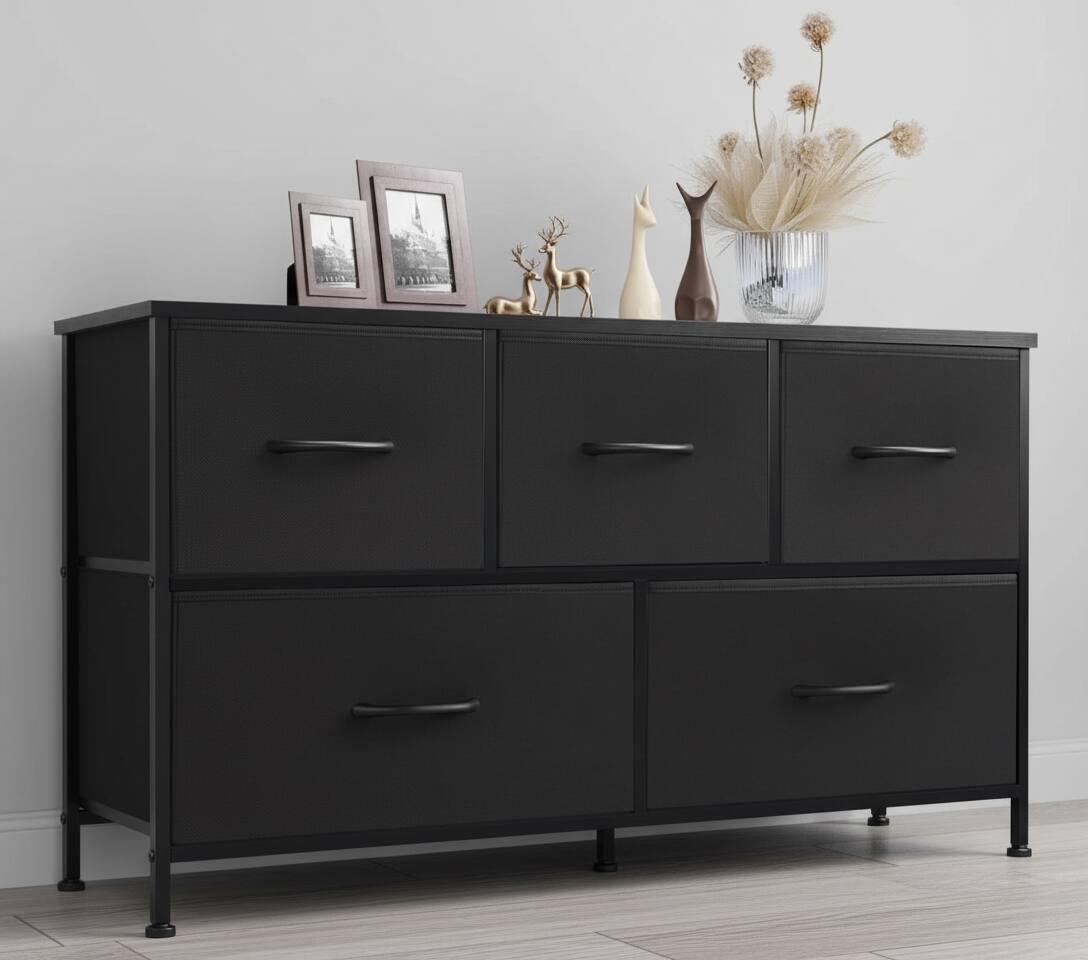 Front. AOITUN - 5 Drawer Fabric Dressers for Bedroom, Chest of Drawer Organizer Storage Cabinet for Closet, Entryway, Black - Black.
