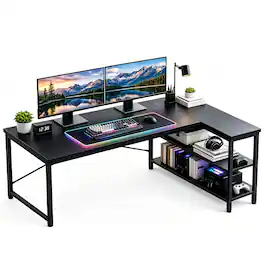 Sweet - 55" L Shaped Office Desk, Reversible Computer Desk with Shelves for Gaming, Corner Work, Home Office - Black