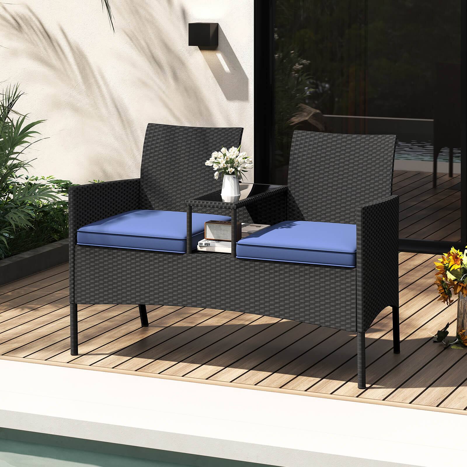 Alt View 4. Costway - Costway Patio Loveseat with Built-in Table Soft Cushions & Tempered Glass Tabletop - Navy.