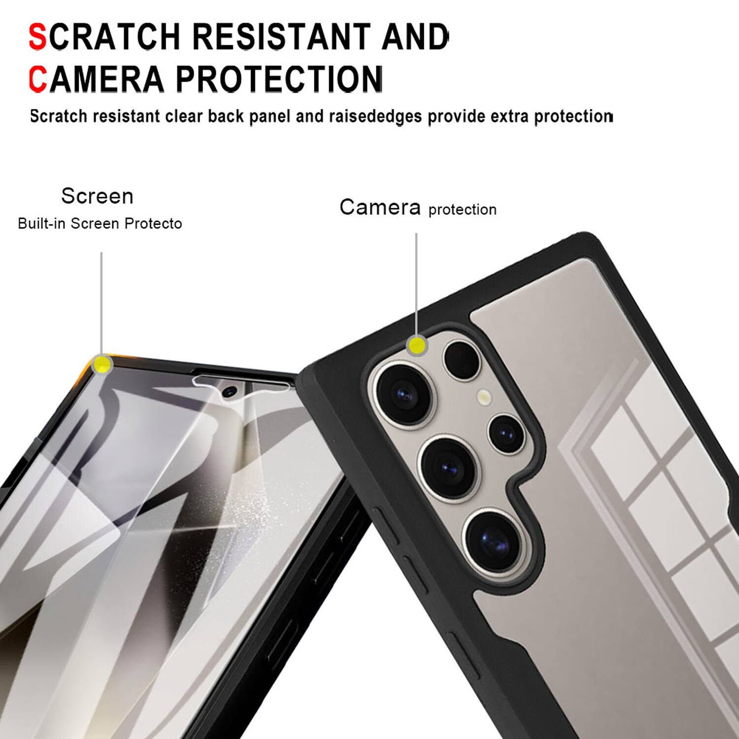 SCRATCH RESISTANT AND CAMERA PROTECTION

Scratch resistant clear back panel and raised edges provide extra protection

Screen
Built-in Screen Protector

Camera protection