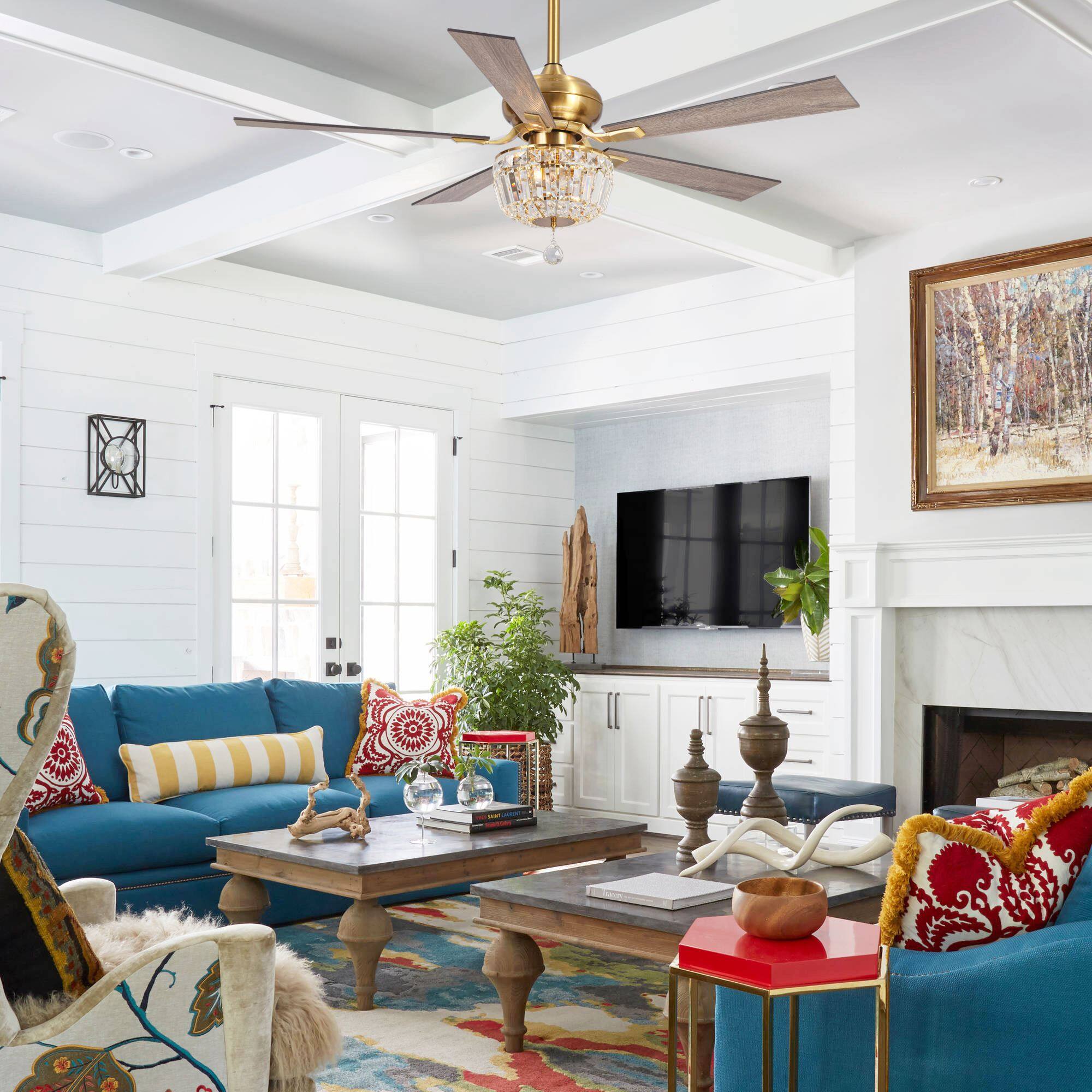 Left. Parrot Uncle - 52" Ganga Modern Downrod Mount Reversible Crystal Ceiling Fan with Lighting and Remote Control - Gold.