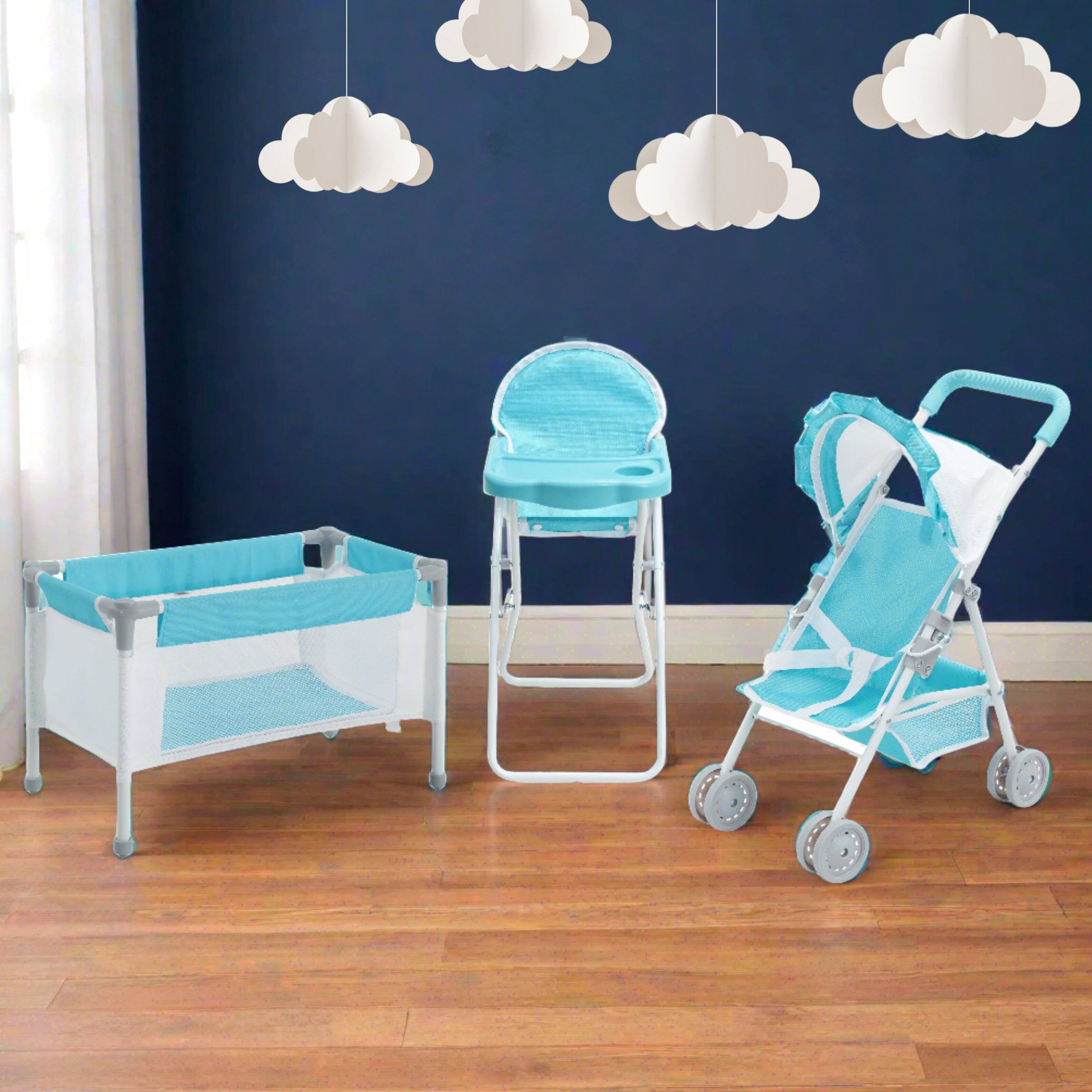 Front. Teamson Kids - Olivia's Little World Baby Doll 3pc Nursery Set, Blue & White.