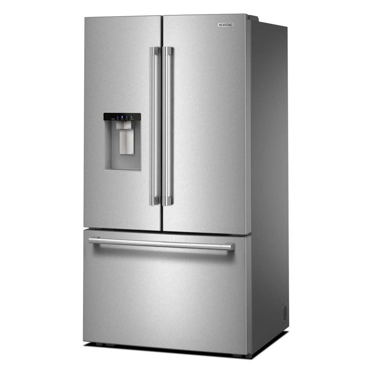 Left. Maytag - Maytag - Maytag 30 Cu. Ft. XL Capacity French Door Bottom Mount Refrigerator with In-Door-Ice Dispensing System - Fingerprint-Resistant Stainless Finish.