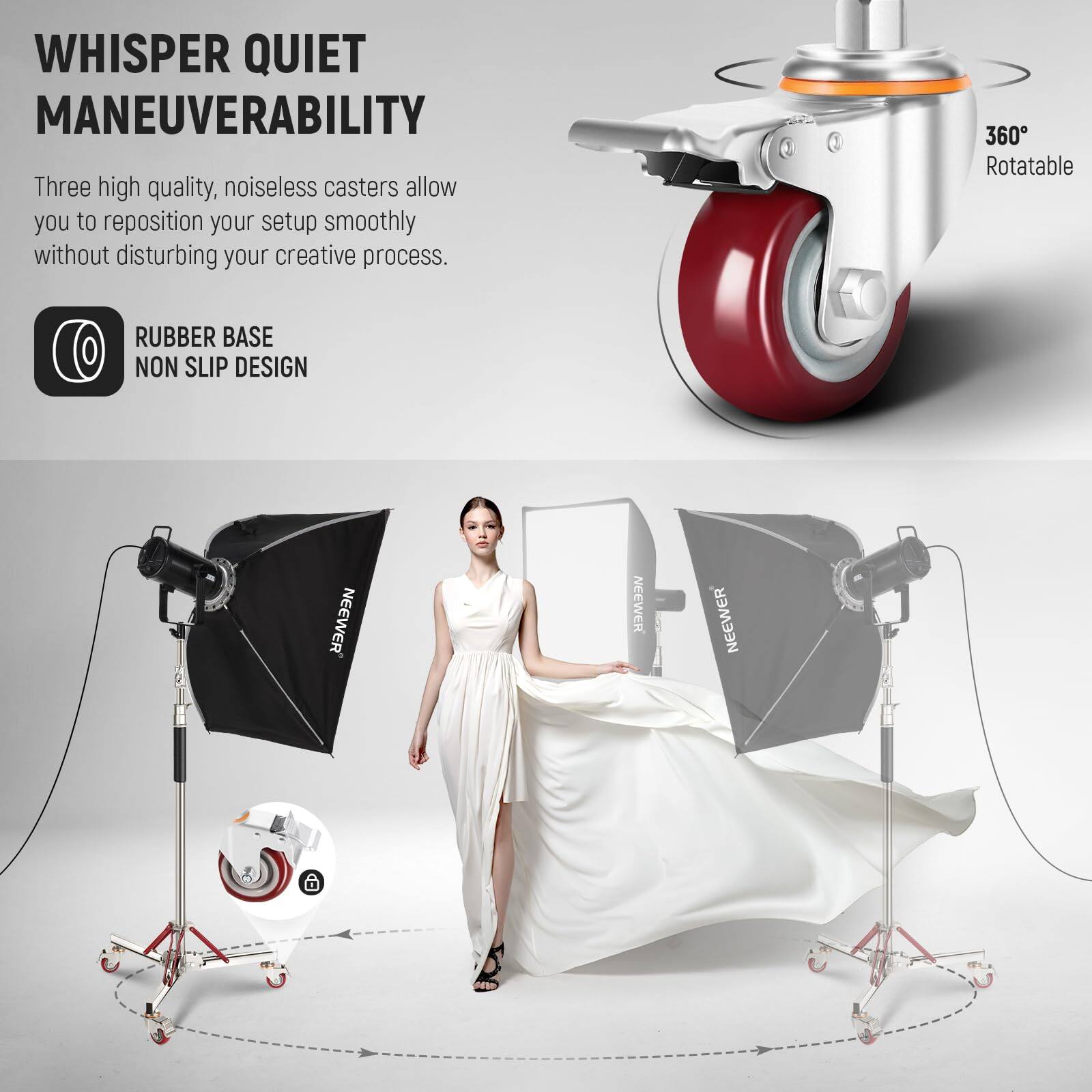 WHISPER QUIET MANEUVERABILITY

Three high quality, noiseless casters allow you to reposition your setup smoothly without disturbing your creative process.

RUBBER BASE NON SLIP DESIGN

360° Rotatable