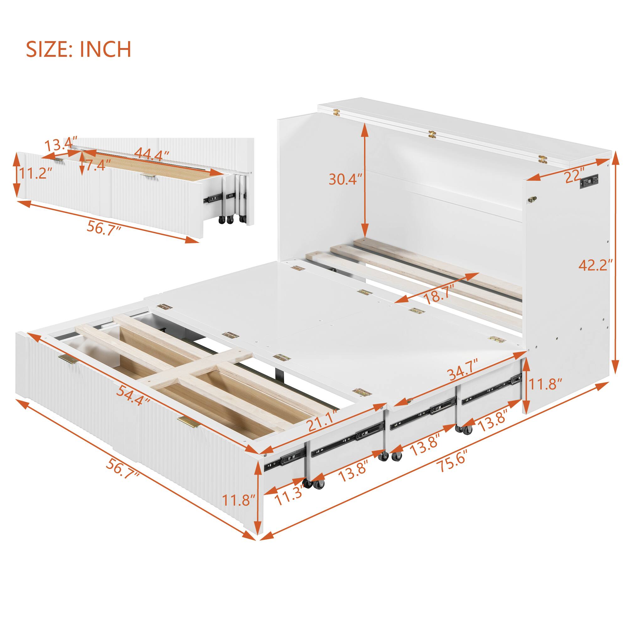 SIZE: INCH

- 13.4"
- 44.4"
- 11.2"
- 17.4"
- 56.7"
- 30.4"
- 22"
- 42.2"
- 54.4"
- 56.7"
- 21.1"
- 13.8"
- 11.8"
- 11.3"
- 34.7"
- 11.8"
- 13.8"
- 13.8"
- 75.6"