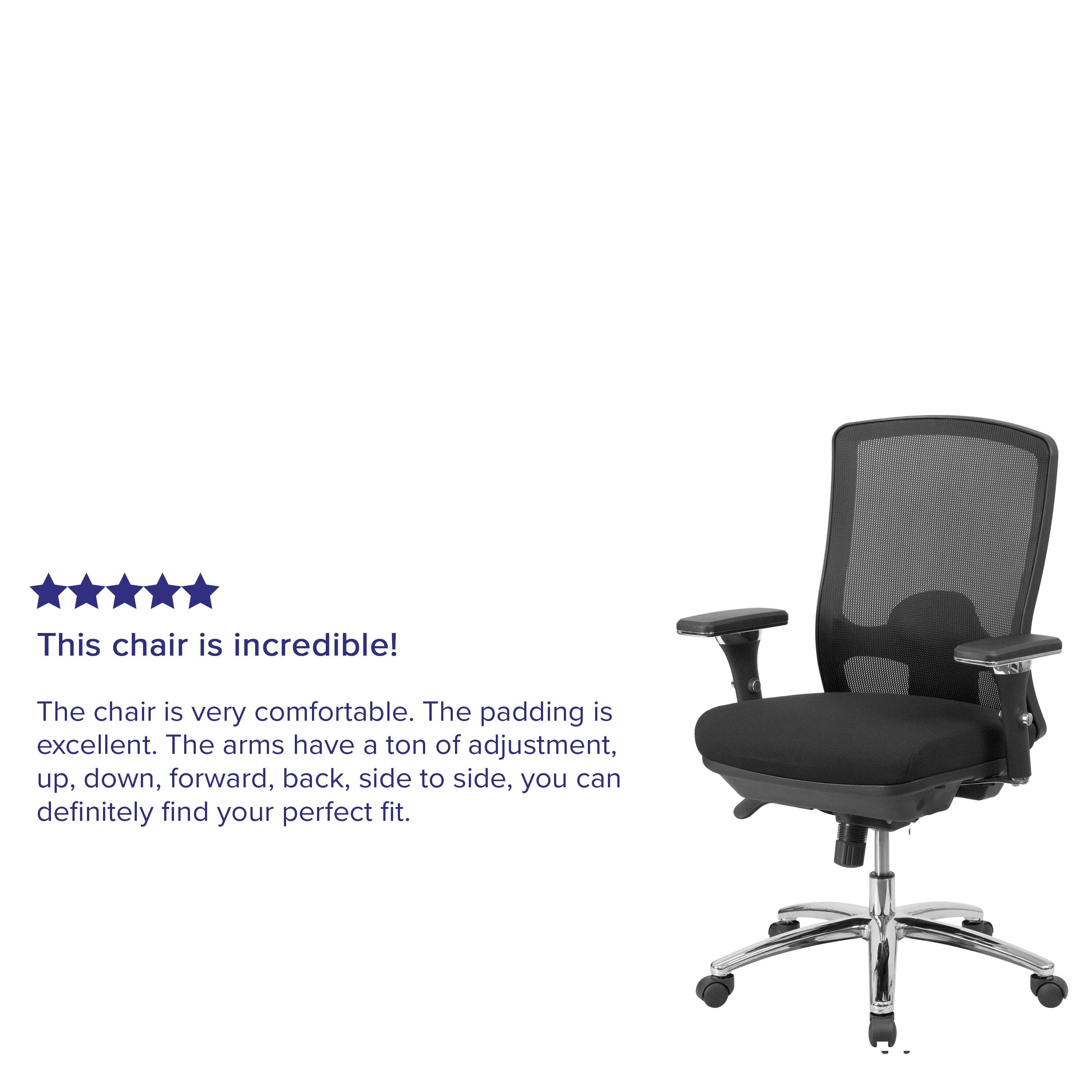 This chair is incredible! The chair is very comfortable. The padding is excellent. The arms have a ton of adjustment, up, down, forward, back, side to side, you can definitely find your perfect fit.