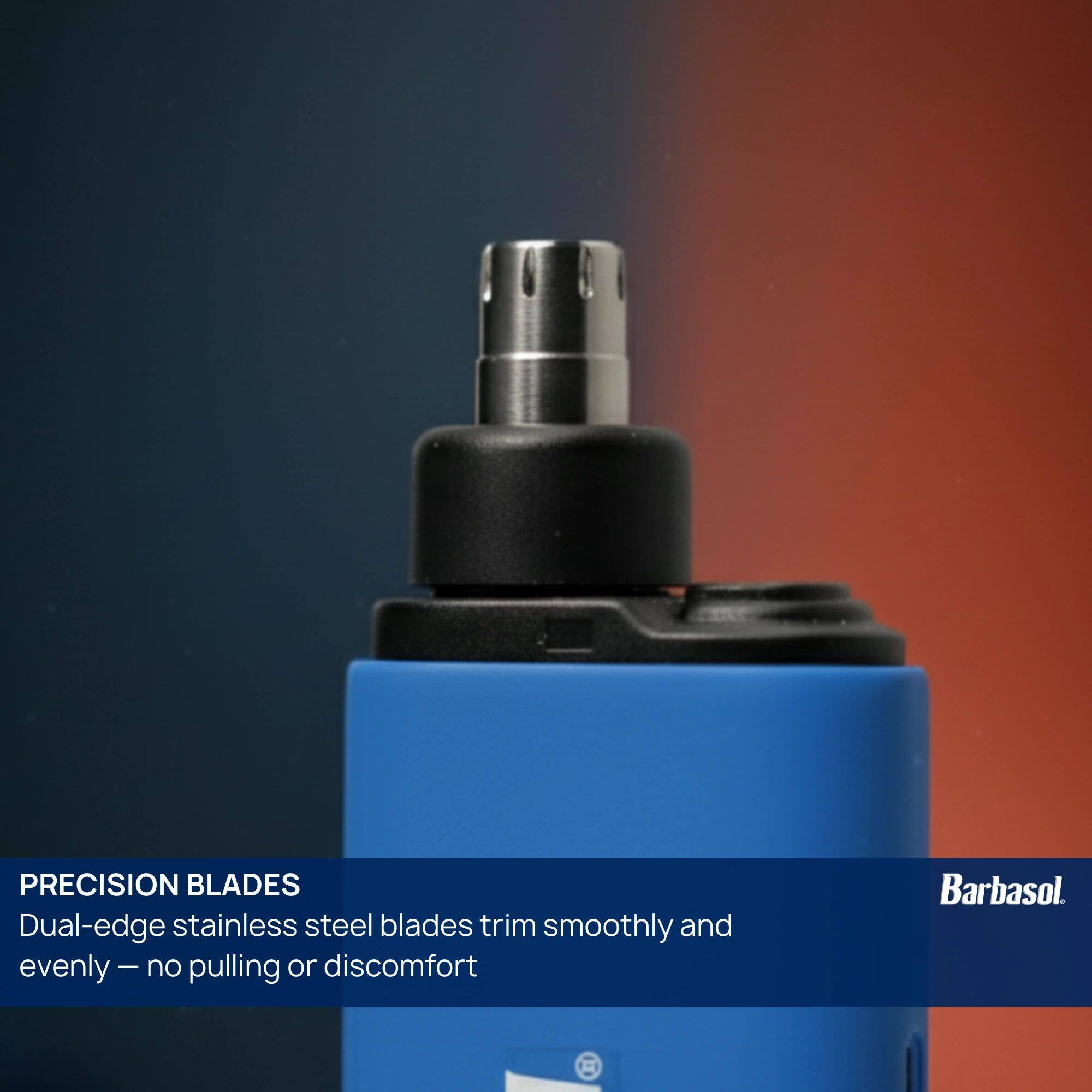PRECISION BLADES Dual-edge stainless steel blades trim smoothly and evenly - no pulling or discomfort Barbasol.