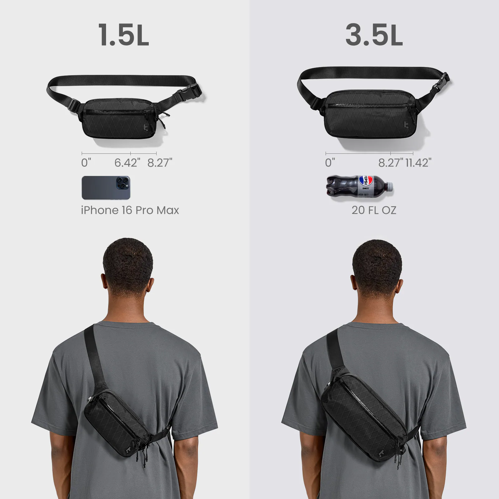 1.5L  
0" 6.42" 8.27"  
iPhone 16 Pro Max  

3.5L  
0" 8.27" 11.42"  
20 FL OZ