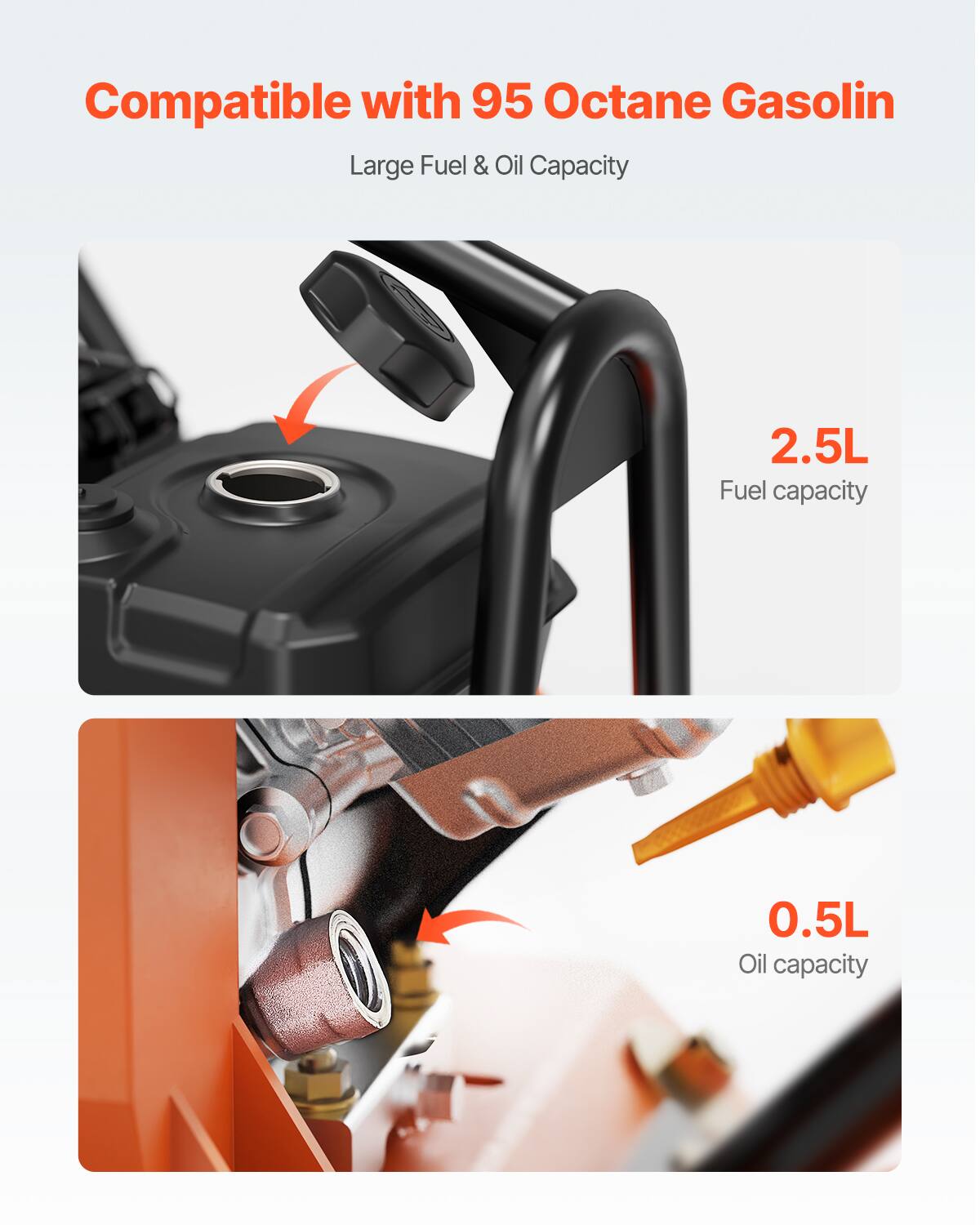 Compatible with 95 Octane Gasoline  
Large Fuel & Oil Capacity  

2.5L  
Fuel capacity  

0.5L  
Oil capacity