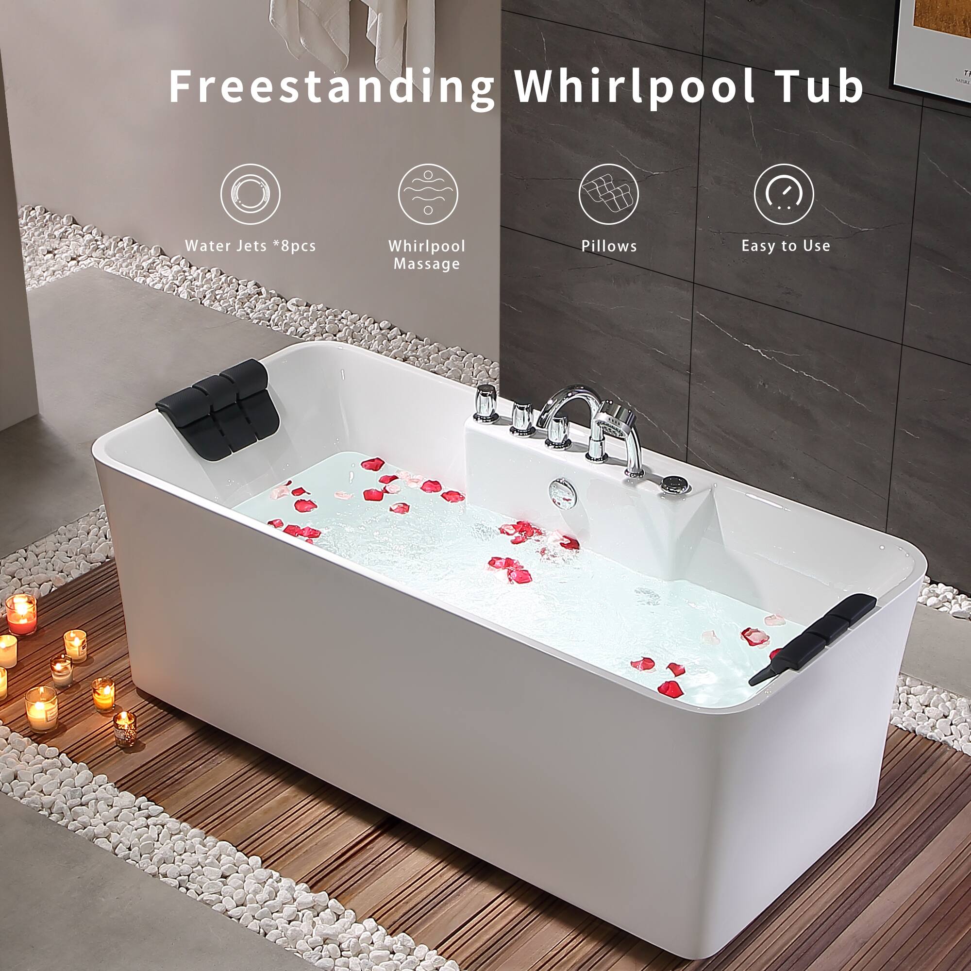 Freestanding Whirlpool Tub  
- Water Jets *8pcs  
- Whirlpool Massage  
- Pillows  
- Easy to Use