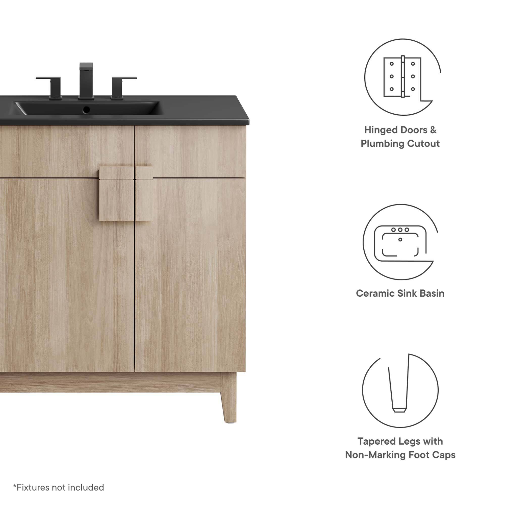 Hinged Doors & Plumbing Cutout  
Ceramic Sink Basin  
Tapered Legs with Non-Marking Foot Caps  

*Fixtures not included