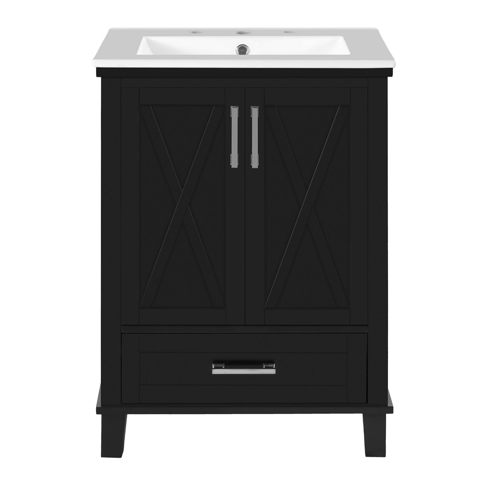 Front. Glintex - 24-inch Bathroom Vanity with Single Sink, Solid Wood Frame, 2 Soft-Close Doors, 1 Divided Drawer, Dual Storage Shelves. - Black.