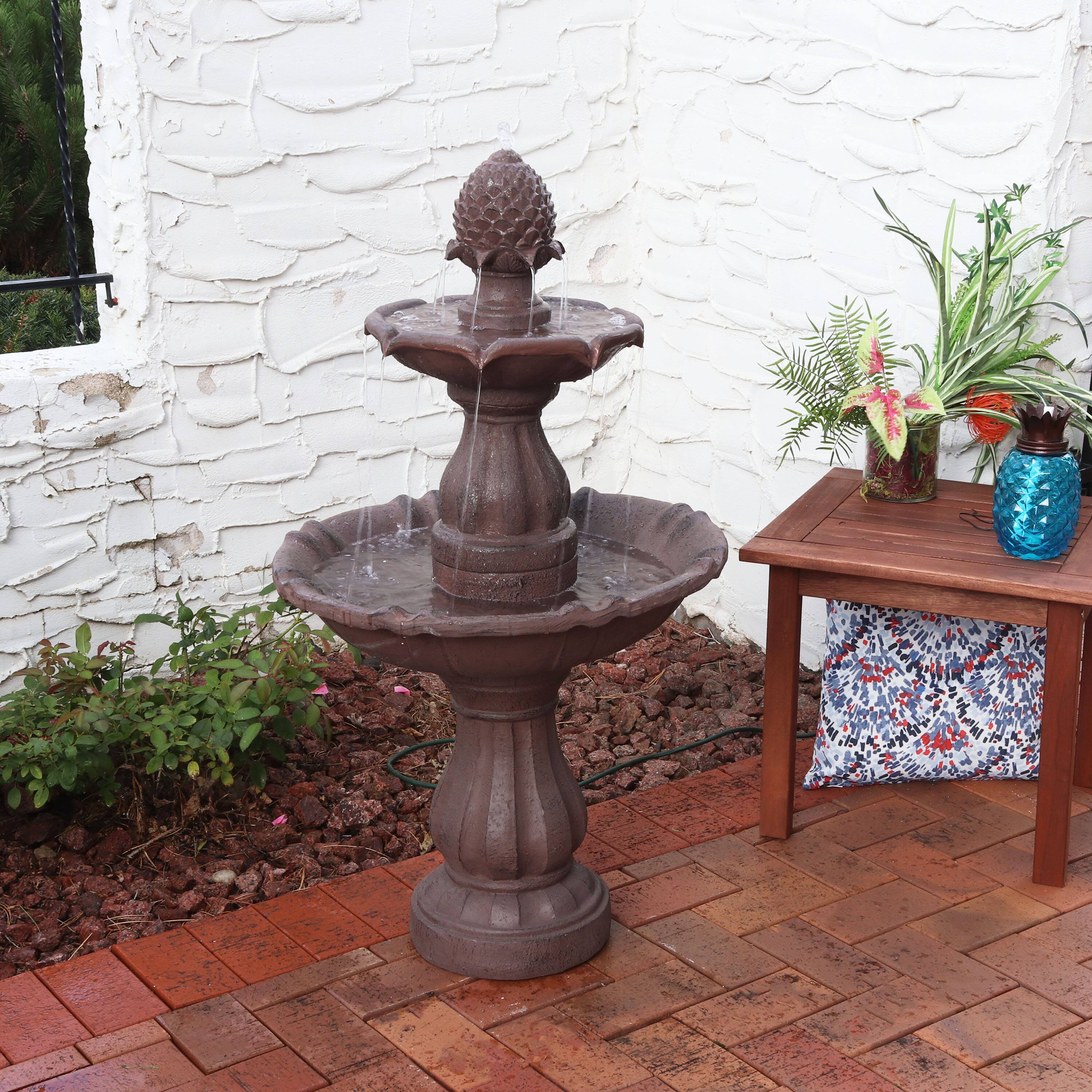 Alt View 3. Sunnydaze - Curved Plinth Polyresin Outdoor 2-Tier Water Fountain - Brown.