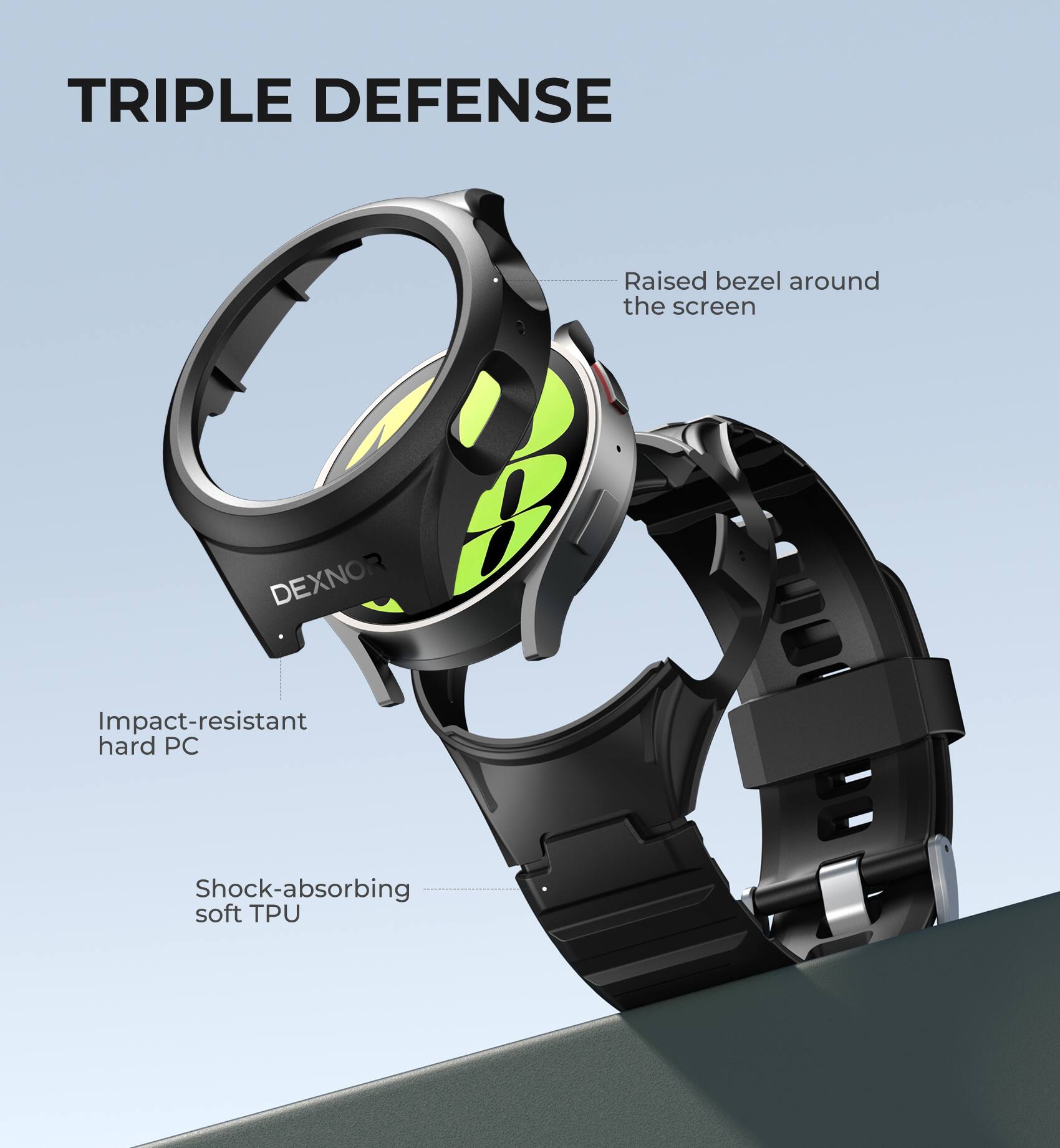 TRIPLE DEFENSE

- Raised bezel around the screen
- Impact-resistant hard PC
- Shock-absorbing soft TPU