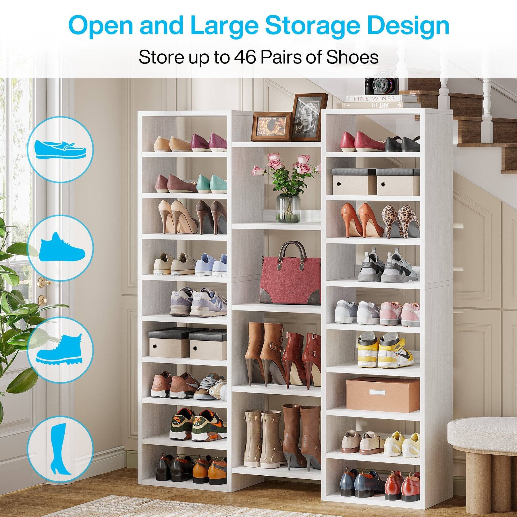 Open and Large Storage Design  
Store up to 46 Pairs of Shoes