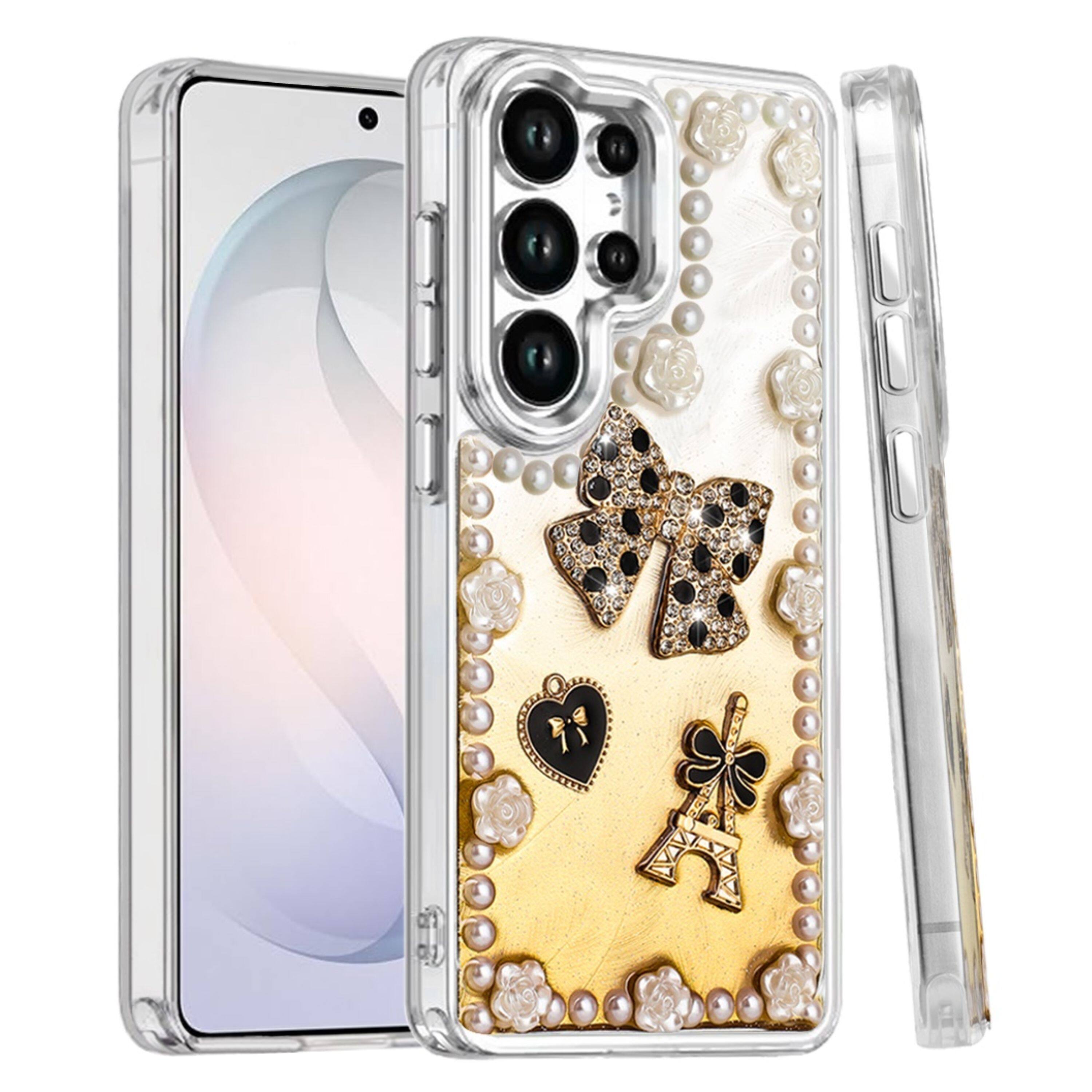 Left. Kitcheniva - Floral And Faux Pearl Trim 3D Charms Design Phone Case With Tempered Glass For Samsung Galaxy S26 Ultra Bow Gold - Multicolor.