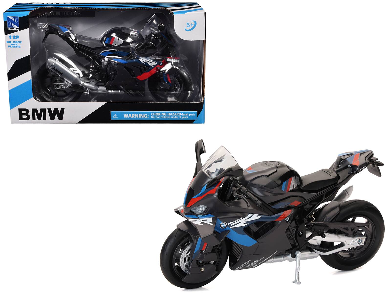 Sure, here is the corrected and grouped text from the image:

---

**NewRay**  
1:12  
DIE-CAST PLASTIC  

**BMW**  

**WARNING:** CHOKING HAZARD - small parts  
Not for children under 3 years  

**5+**  

---

This text is taken from the packaging and the motorcycle itself.