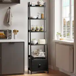 Furnulem - 5 Tier Ladder Shelf with Storage Drawers Wooden Metal Frame Freestanding Bookcase for Living Room - Black