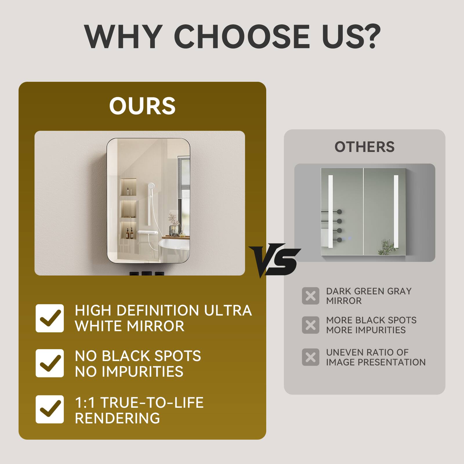WHY CHOOSE US?

OURS vs OTHERS

- HIGH DEFINITION ULTRA WHITE MIRROR
- NO BLACK SPOTS NO IMPURITIES
- 1:1 TRUE-TO-LIFE RENDERING

- DARK GREEN GRAY MIRROR
- MORE BLACK SPOTS MORE IMPURITIES
- UNEVEN RATIO OF IMAGE PRESENTATION