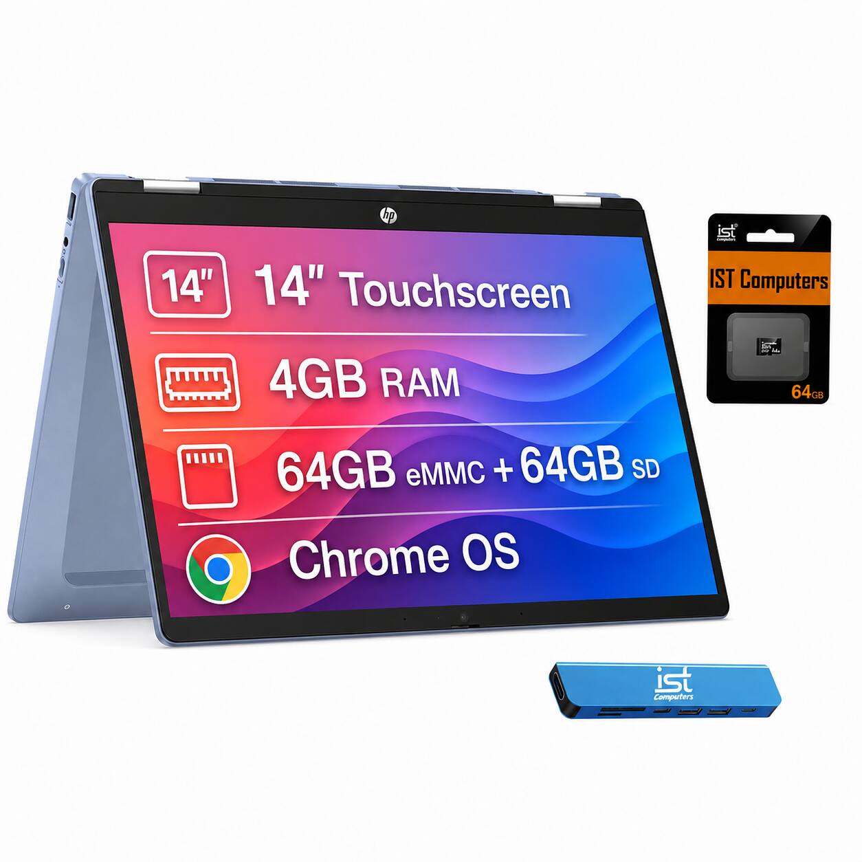 14" Touchscreen  
4GB RAM  
64GB eMMC + 64GB SD  
Chrome OS