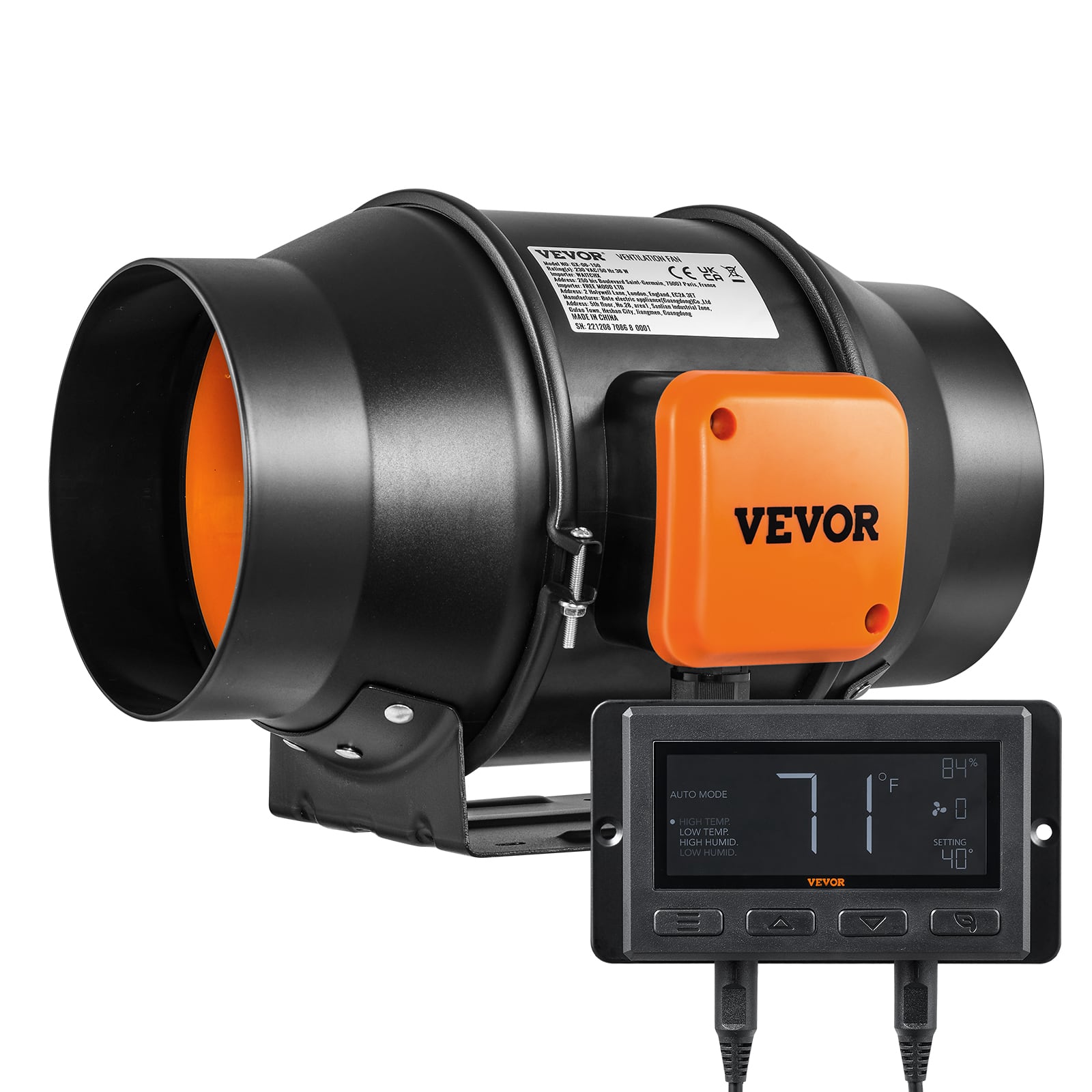 VEVOR - Inline Duct Fan, 6-Inch 402 CFM with Temperature Humidity Controller, Quiet EC-motor Ventilation Exhaust Fan - Black