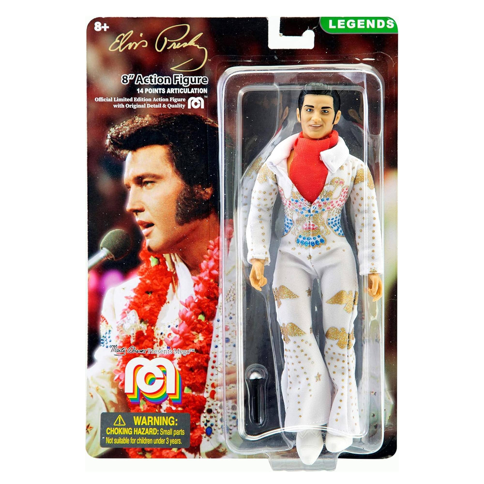 8+ Elvis Presley 8" Action Figure 14 POINTS ARTICULATION Official Limited Edition Action Figure with Original Detail & Quality LEGENDS Moe Cis Presents Mugo M WARNING: CHOKING HAZARD: Small parts Not suitable for children under 3 years.
