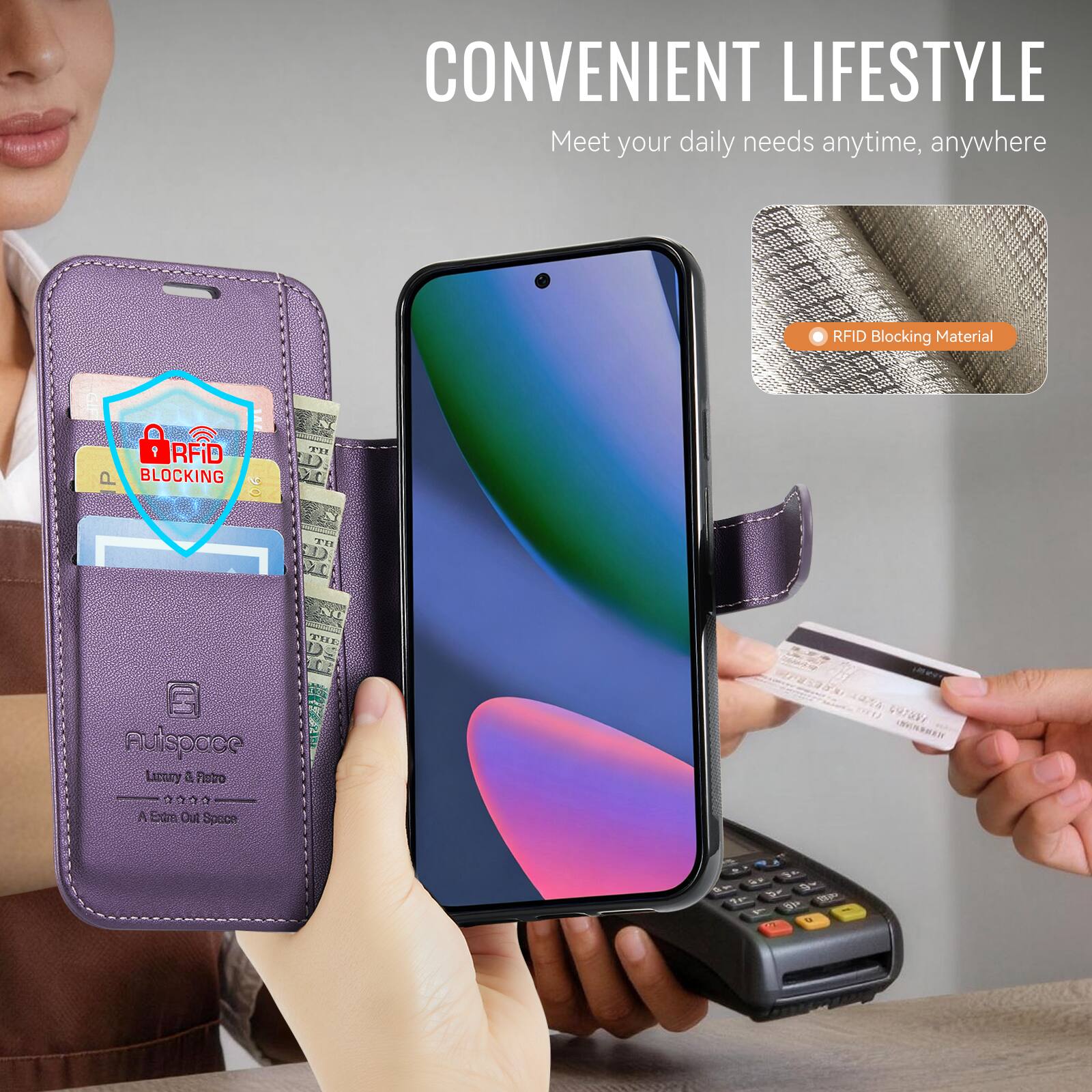 CONVENIENT LIFESTYLE  
Meet your daily needs anytime, anywhere

RFID Blocking Material

Autspace Lustry - Fletro  
A Extra Out Space