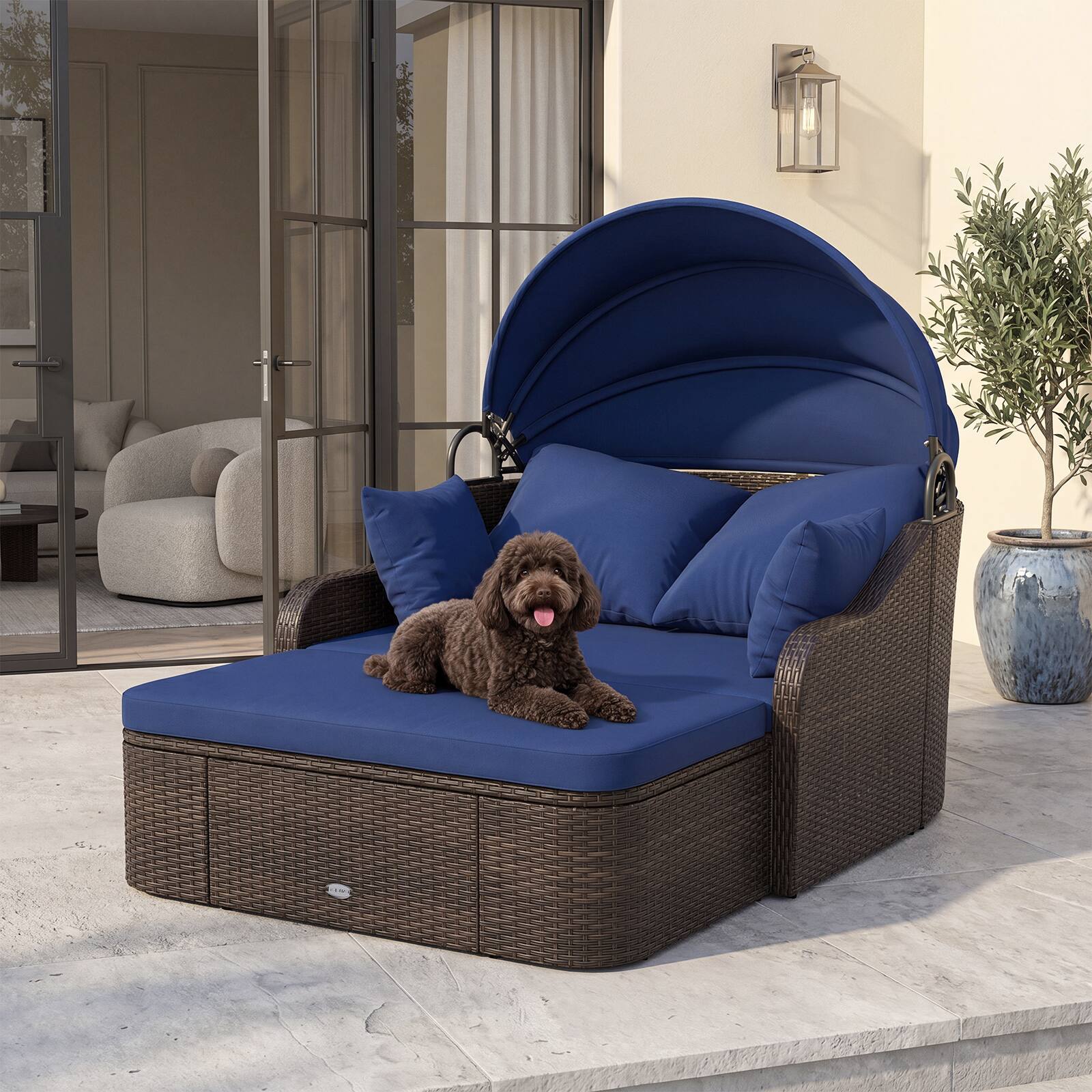 Alt View 2. Costway - Costway Patio PE Rattan Daybed with Retractable Canopy, Soft Cushions and Extra Pillows - Mix Brown & Navy.