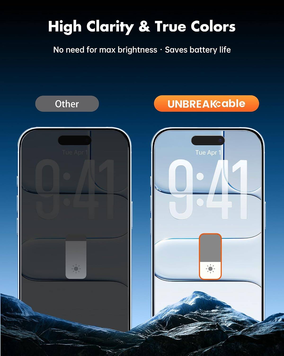 High Clarity & True Colors  
No need for max brightness • Saves battery life

Other  
UNBREAKcable

Tue Apr 1 0:41  
Tue Apr 1 9:41