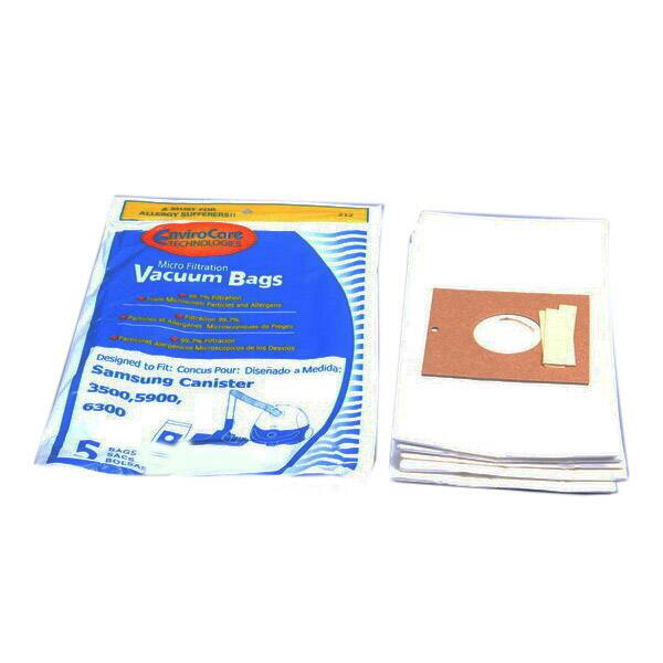 ST FE ALLERGY SUFFERERS  
CnviroCare TECHNOLOGIES  
Micro Filtration Vacuum Bags  
Partcton - Pc - Allergene FANN M F Microscpicoe de - Desvioe  
Designed to Fit: Concus Pour: Diseado a Medida:  
Samsung Canister 3500,5900, 6300  
5 BAGS BOLSAS
