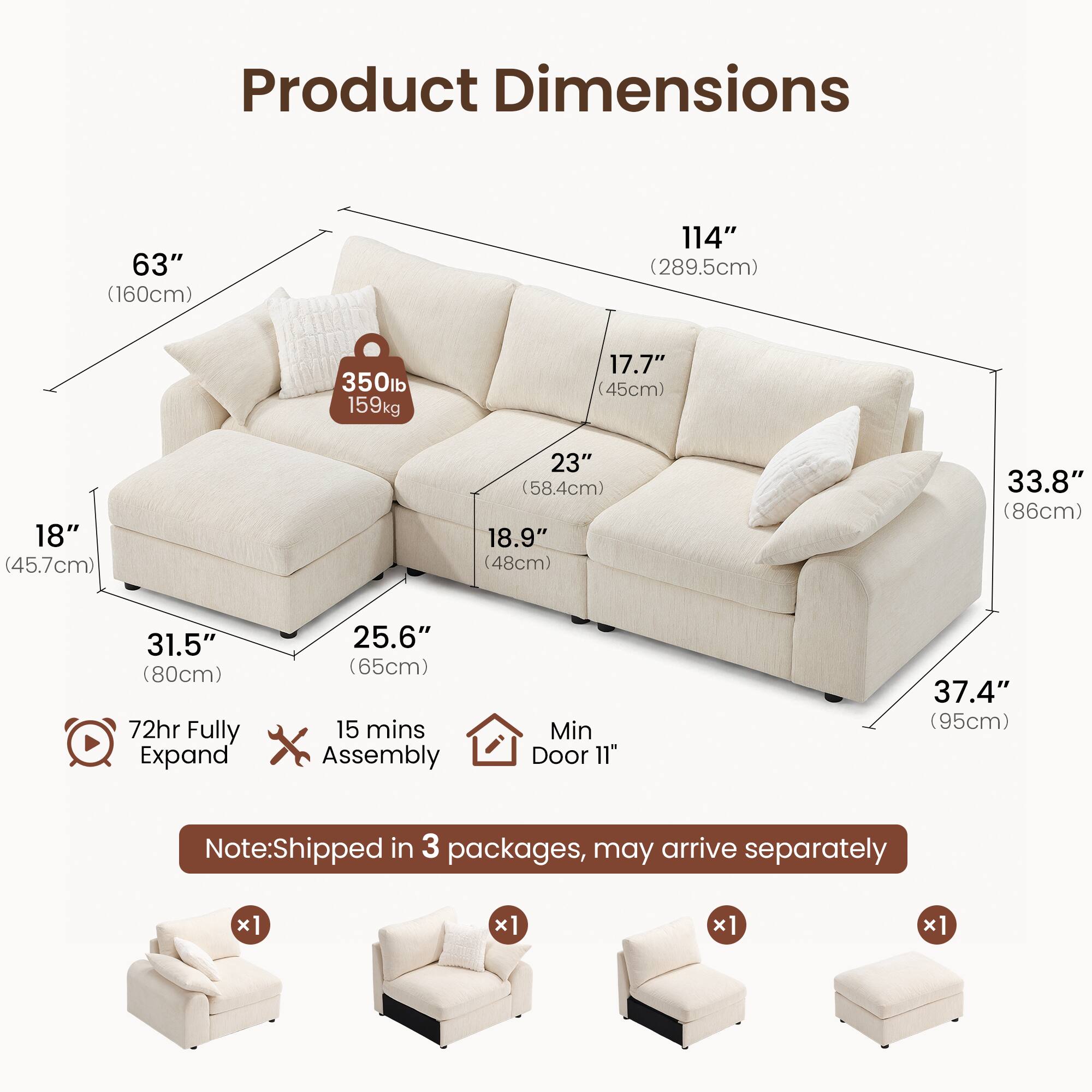 Product Dimensions:  
- 63" (160cm)  
- 114" (289.5cm)  
- 350lb (159kg)  
- 17.7" (45cm)  
- 18" (45.7cm)  
- 23" (58.4cm)  
- 18.9" (48cm)  
- 33.8" (86cm)  
- 31.5" (80cm)  
- 72hr Fully Expand  
- 25.6" (65cm)  
- 15 mins Assembly  
- Min Door 11"  
- 37.4" (95cm)  

Note: Shipped in 3 packages, may arrive separately x1 x1 x1 x1