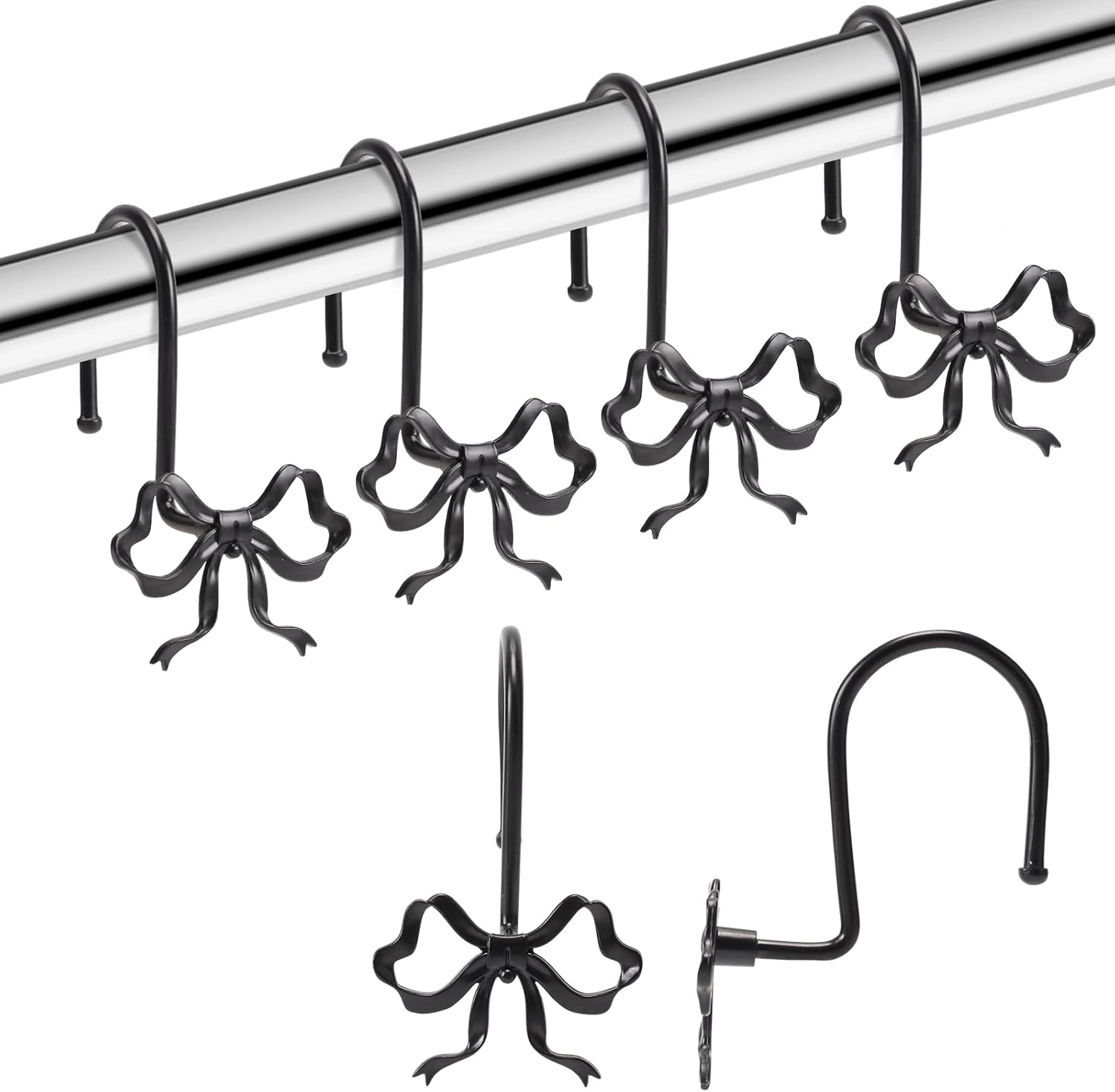 Front. Acteck - Bow Shower Curtain Hooks, 12 Pack Metal Decorative Rings, Rustproof Bow Knot Design for Bathroom Bedroom Living Room - Black.