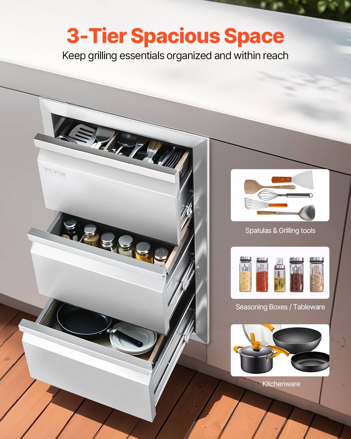 3-Tier Spacious Space  
Keep grilling essentials organized and within reach  

Spatulas & Grilling tools  
Seasoning Boxes / Tableware  
Kitchenware