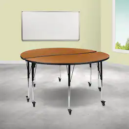 Emma + Oliver - 2 Piece Mobile 60" Circle Collaborative Grey Adjustable Activity Table Set - Oak