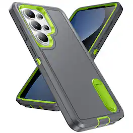 Dteck - Heavy Duty Case for Samsung Galaxy S26 Ultra w/ Foldable Kickstand,Dual-Layer Shockproof Hard PC Soft Silicone Cover - Gray/Green