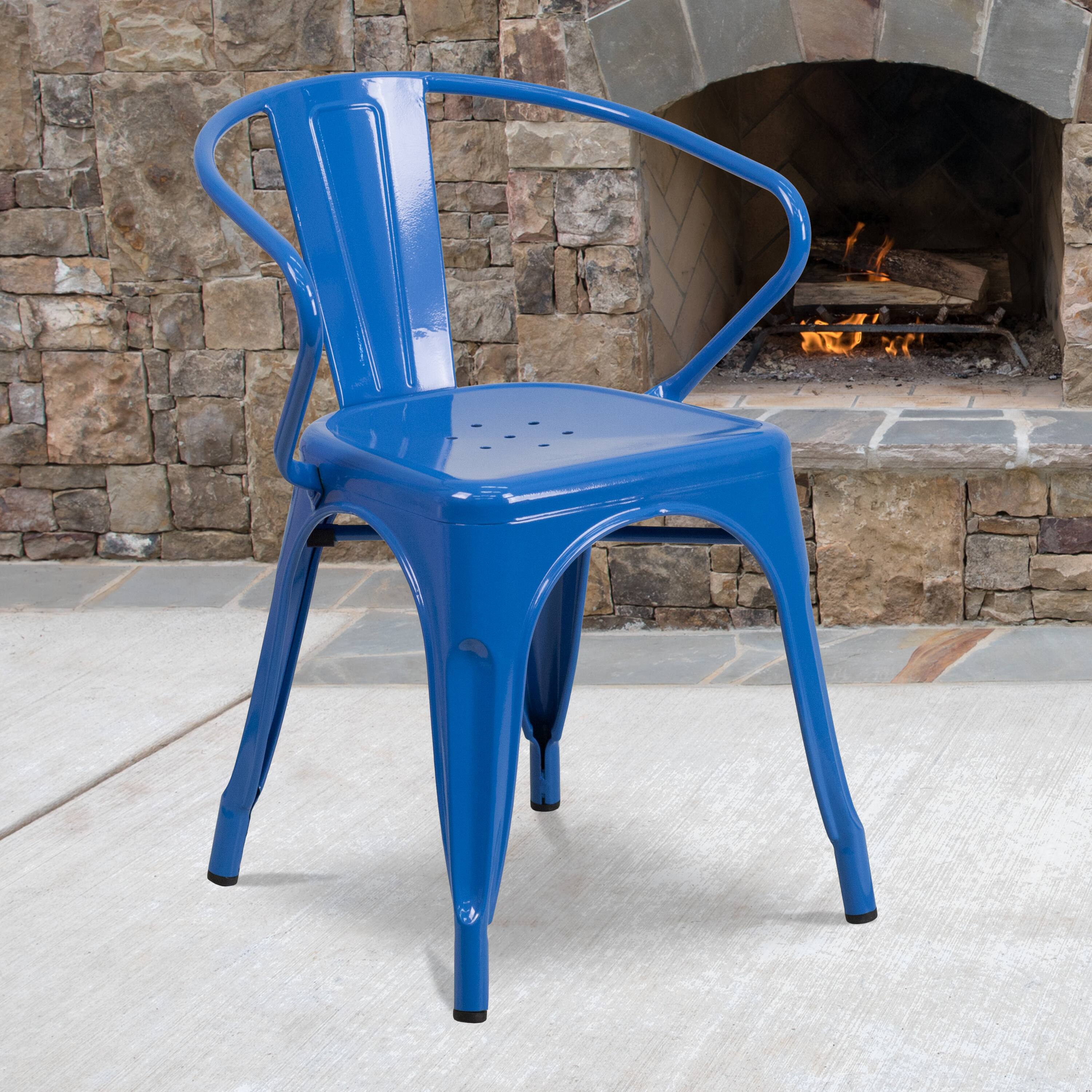 Alt View 2. Emma + Oliver - Commercial Grade 4 Pack Metal Indoor-Outdoor Chair with Arms - Blue.