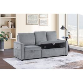 LUCKY ONE - 70" Gray Corduroy Sofa with Pull-Out Chaise, Underseat Storage, Side Pockets, Compact Size for Small Spaces - Gray