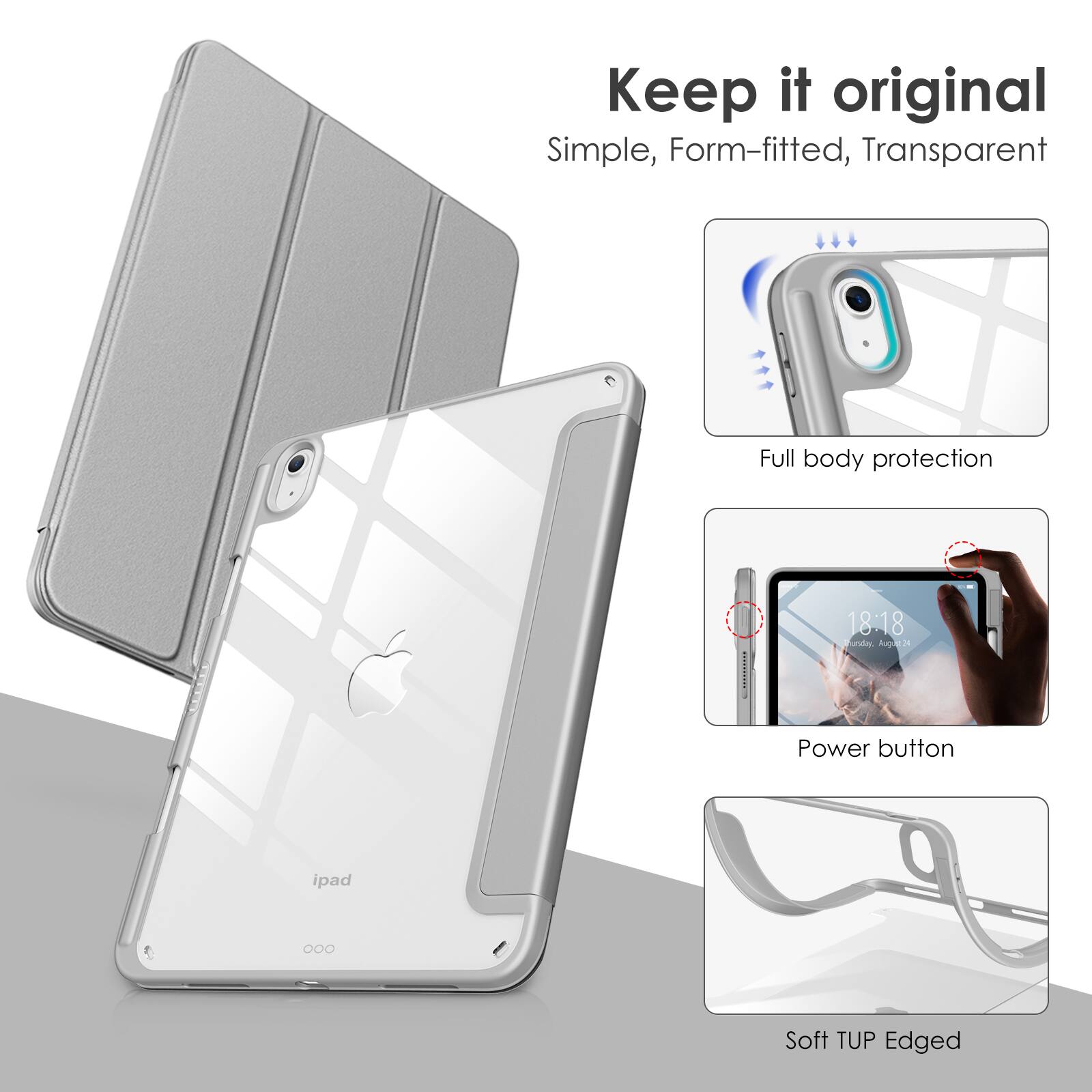 Keep it original  
Simple, Form-fitted, Transparent  

Full body protection  

Power button  

Soft TUP Edged