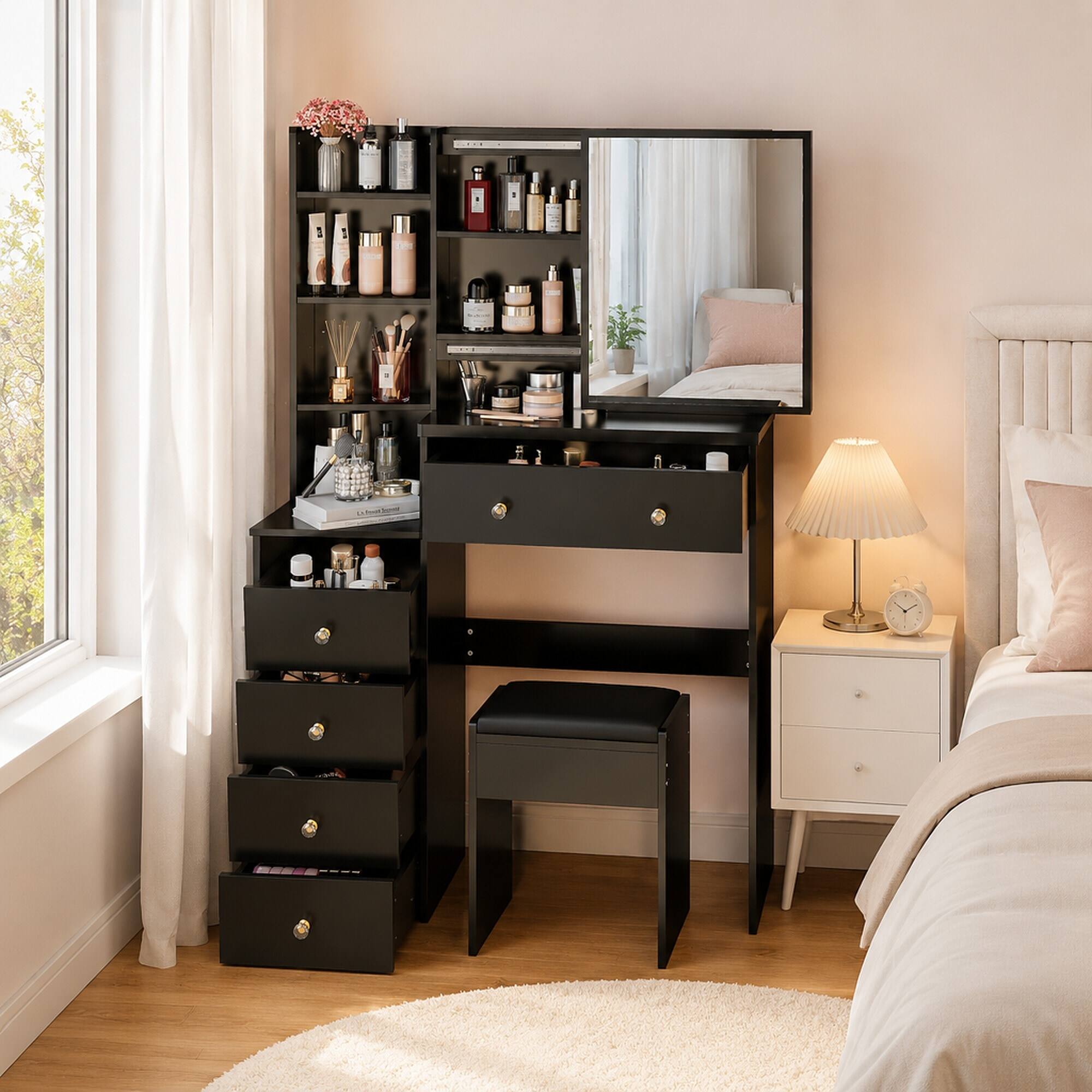 Back. RYHNUYNE - 37 in Makeup Vanity Table Set, Sliding Mirror, Cushioned Stool, Multi Layer Storage, UL and EPA Certified - Black.
