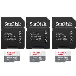 3 Units SanDisk 128GB Ultra UHS-I microSDHC Memory Card with SD Adapter