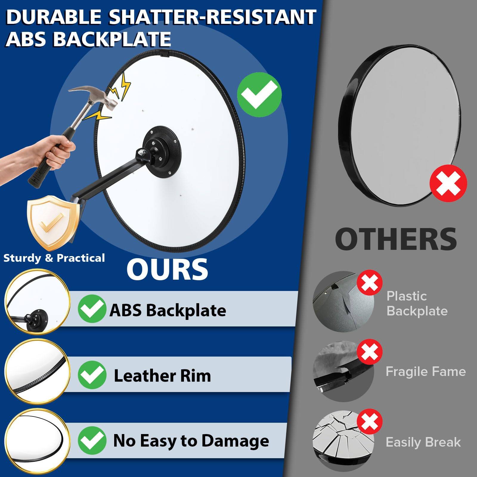 **DURABLE SHATTER-RESISTANT ABS BACKPLATE**

**OURS**
- Sturdy & Practical
- ABS Backplate
- Leather Rim
- No Easy to Damage

**OTHERS**
- Plastic Backplate
- Fragile Frame
- Easily Break