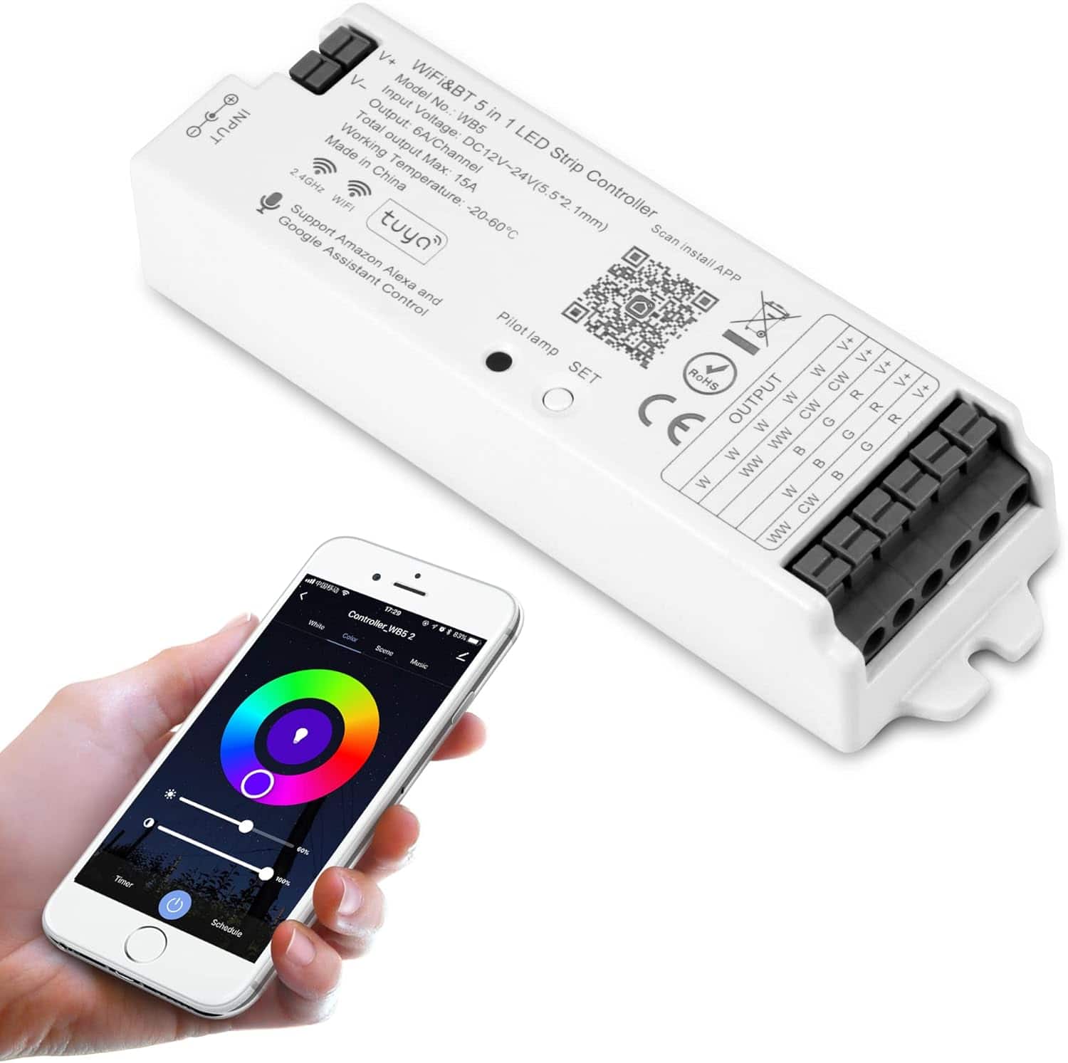 ACJPR - WiFi LED Strip Controller RGB+CCT, Smart App & Voice Control, 12–24V
